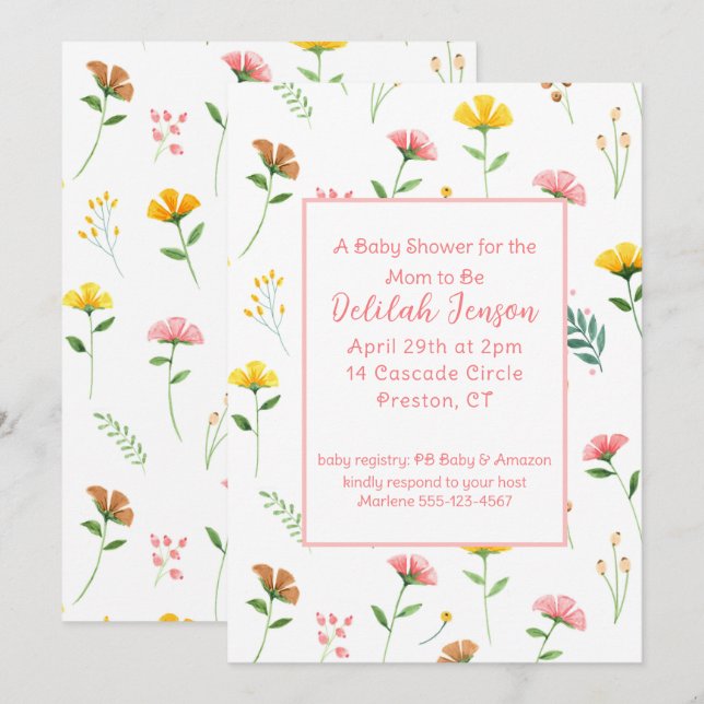 Inbjudan till pastel Wildblomma Baby Shower (Fram/baksida)