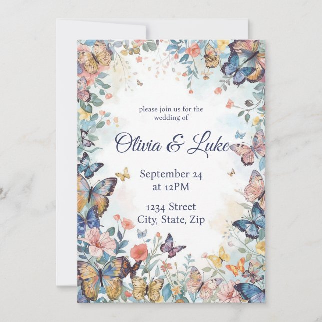 Inbjudan till Pastel Wildblomma & Butterfly Weddin (Framsida)