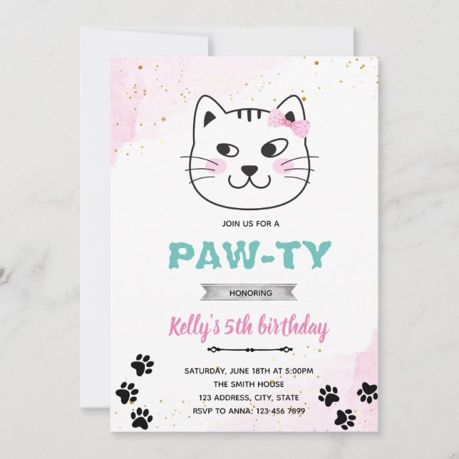 Inbjudan till pawty-temat Cat ansikte party (Framsida)