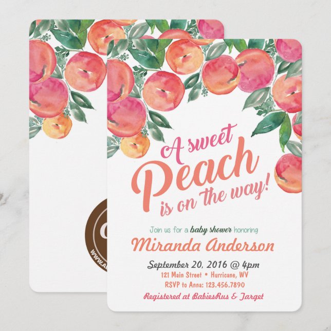 Inbjudan till Peach Baby Shower (Fram/baksida)
