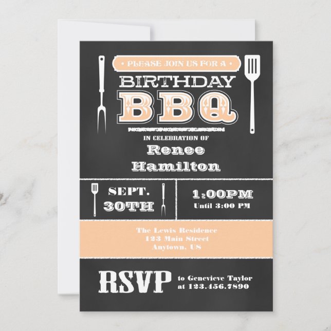Inbjudan till Peach BBQ Birthday Chalkboard (Framsida)