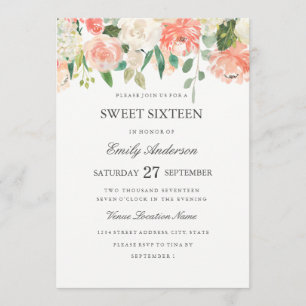 Inbjudan till Peach Blommigt Watercolor-Sweet sixt