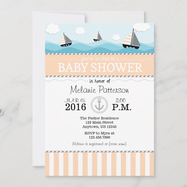 Inbjudan till Peach Blue Nautical Baby Shower (Framsida)