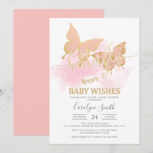Inbjudan till Peach Butterfly Baby Shower (Fram/baksida)