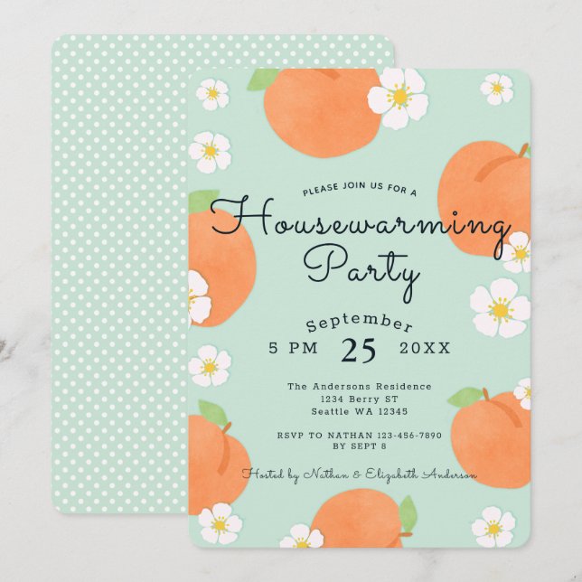 Inbjudan till Peach House Warming Party (Fram/baksida)