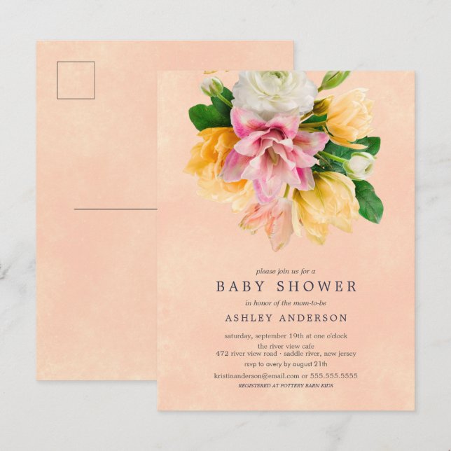 Inbjudan till Peach Meadow Blommigt Baby Shower (Fram/baksida)