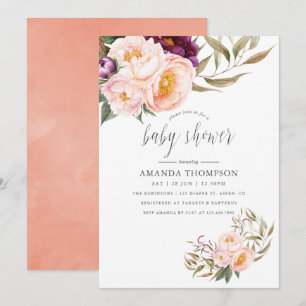 Inbjudan till Peach och Burgundy Blommigt Baby Sho