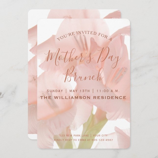 Inbjudan till Peach rosa Flowers Mors dag Brunch (Fram/baksida)