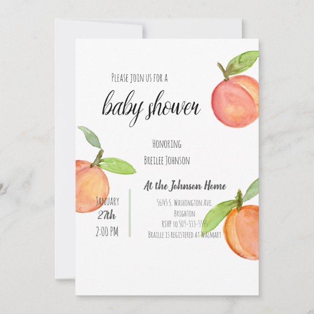 Inbjudan till Peach Watercolor Baby Shower (Framsida)