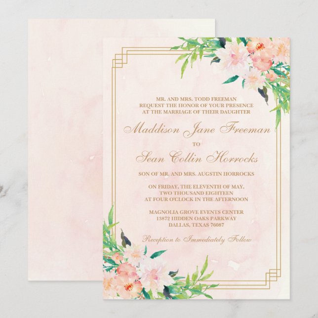 Inbjudan till Peach Watercolor och Blommigt Weddin (Fram/baksida)