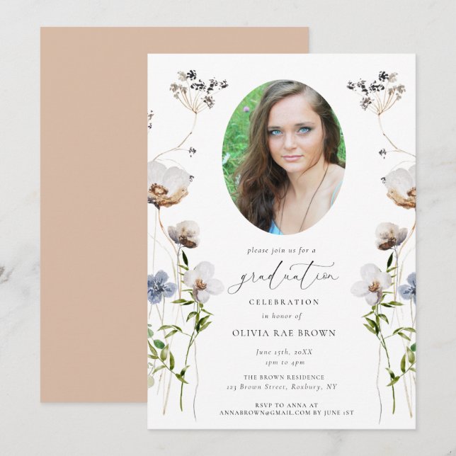 Inbjudan till Peach Wildblomcalligraphy Studenten (Fram/baksida)