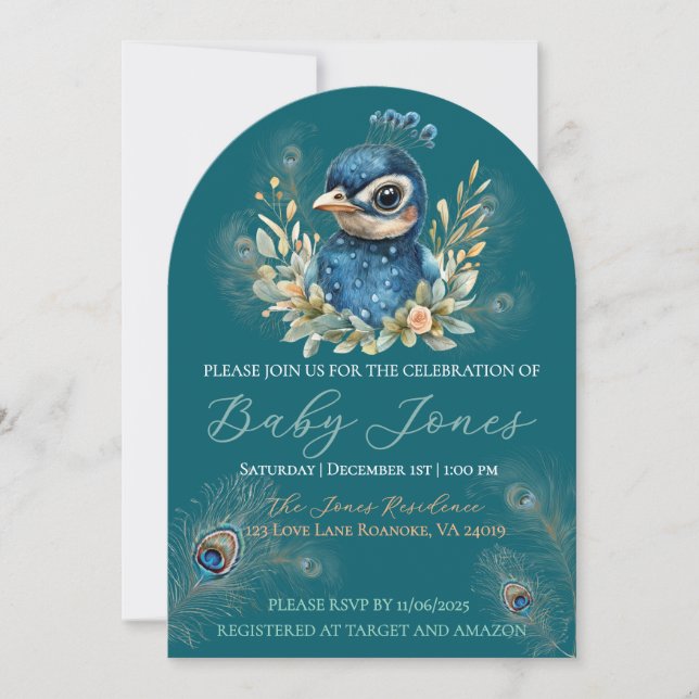 Inbjudan till peacock Baby Shower (Framsida)