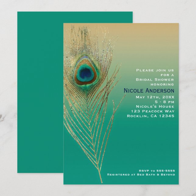 Inbjudan till Peacock Feather Sand och Teal Boho G (Fram/baksida)
