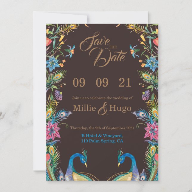 Inbjudan till Peacock Them Wedding (Framsida)