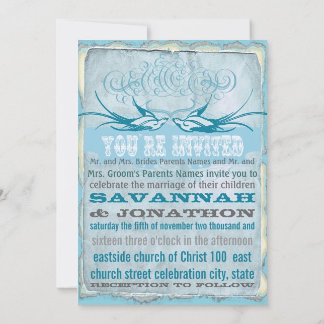 Inbjudan till Pen Flourish Vintage Love bird Weddi (Baksida)