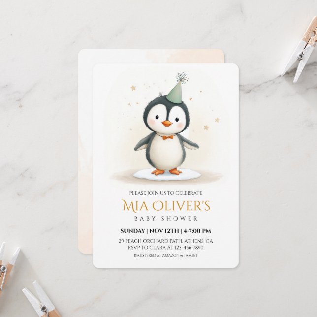 Inbjudan till Penguin Baby Shower (Fram/Back In Situ)
