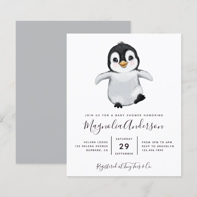 Inbjudan till penguin-babyskor för budgetberäkning (Fram/baksida)
