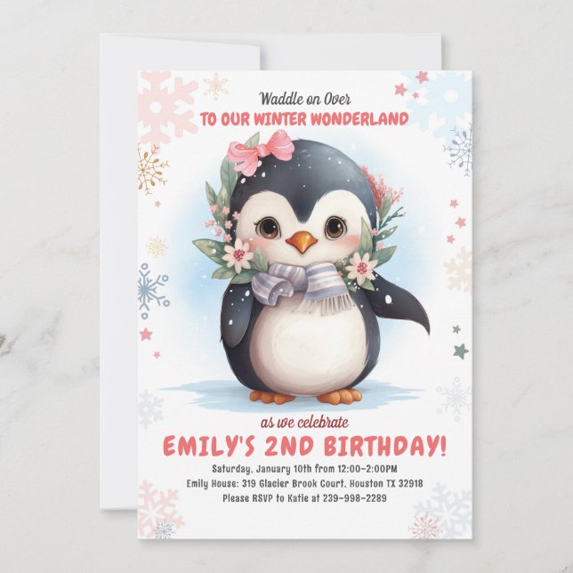 Inbjudan till Penguin Birthday Girl Penguin Birthd (Framsida)