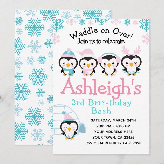 Inbjudan till Penguin Girl Birthday (Fram/baksida)