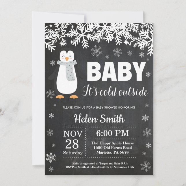 Inbjudan till Penguin Winter Baby Shower Chalkboar (Framsida)