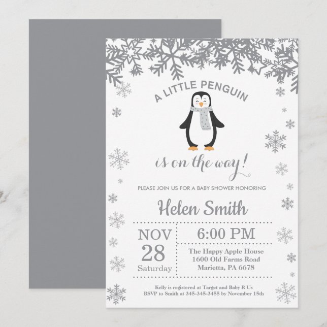 Inbjudan till Penguin Winter Baby Shower Snöflake (Fram/baksida)