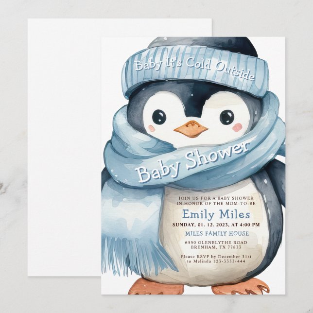 Inbjudan till Penguin Winter Boy Baby Shower (Fram/baksida)