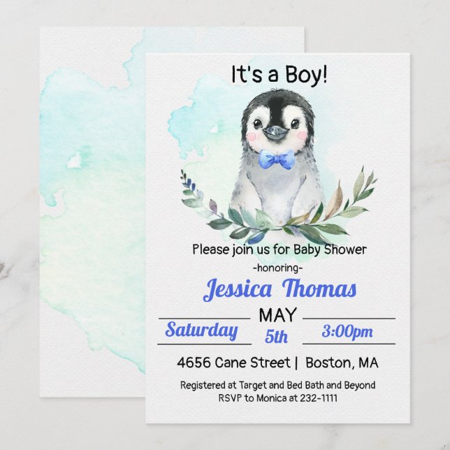 Inbjudan till Penguin Winter Boy Baby Shower (Fram/baksida)