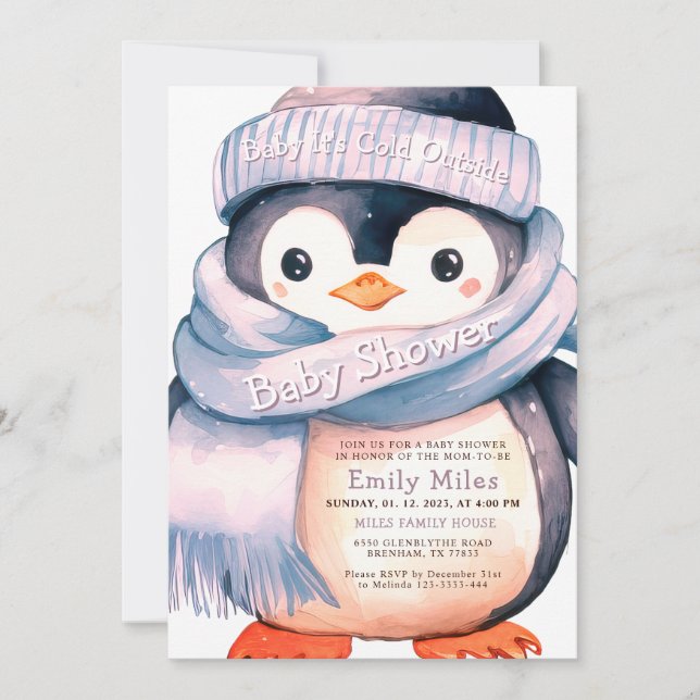 Inbjudan till Penguin Winter Girl Baby Shower (Framsida)