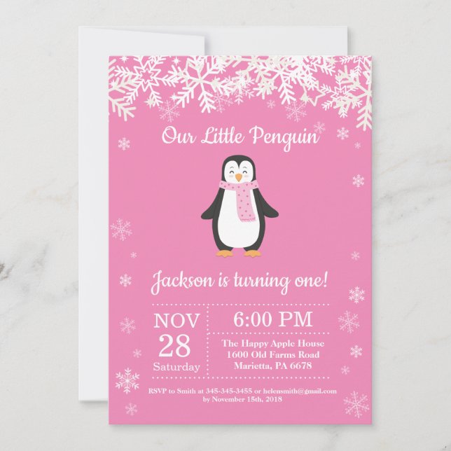 Inbjudan till Penguin Winter Rosa Birthday (Framsida)