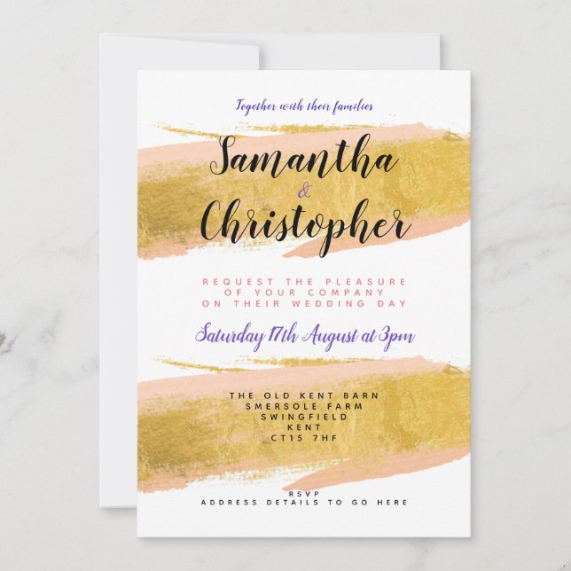Inbjudan till penselbröllop i personlig Guld (Framsida)
