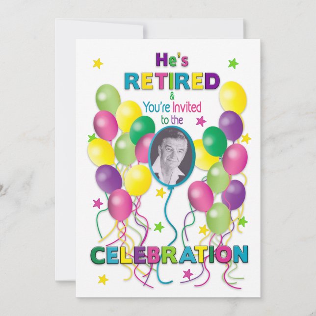 Inbjudan till Pension Festive, ballonger och foto (Framsida)