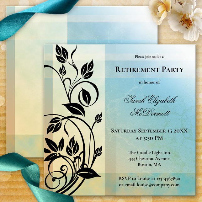 Inbjudan till Pension-partiet elegant Vintage  (Vintage style retirement invitation with elegant floral swirls on a blue veined geometric design)