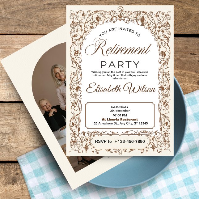 Inbjudan till pension-partiet med foto: Elegant (Retirement Party Invitation with Photo: Elegant, Simple, and Classic)
