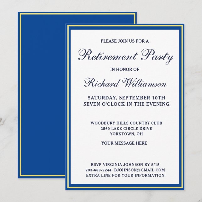 Inbjudan till Pension Party - enkel blå Guld (Fram/baksida)