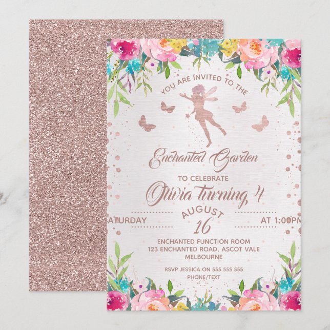 Inbjudan till pensionerad Garden Fairy Birthday (Fram/baksida)
