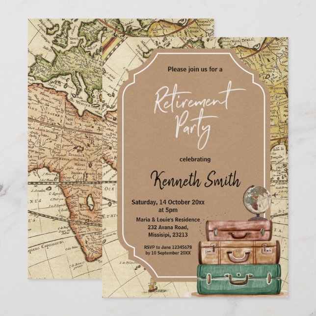 Inbjudan till pensionsfest med resatema (Fram/baksida)