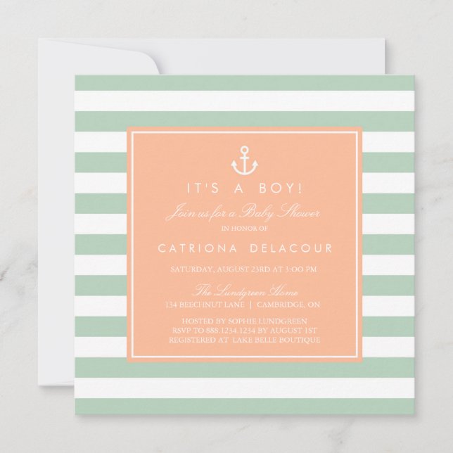 Inbjudan till Pereach och Mint Nautical Baby Showe (Framsida)