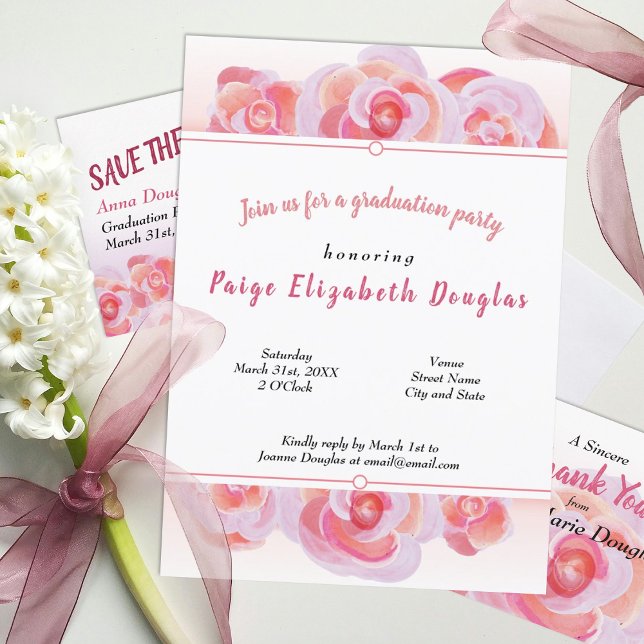 Inbjudan till Persiko- och Rosa ros-Studentfest (dusty peach coral pink floral graduation party invitations for girl spring springtime)