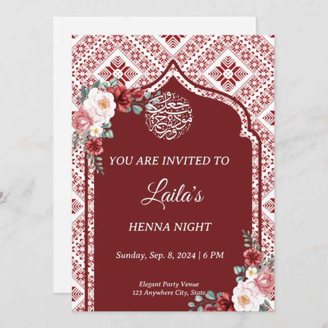 Inbjudan till personlig Red Henna Night (Fram/baksida)