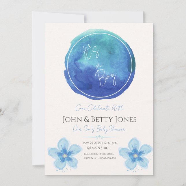 Inbjudan till personlig Watercolor Boy Baby Shower (Framsida)