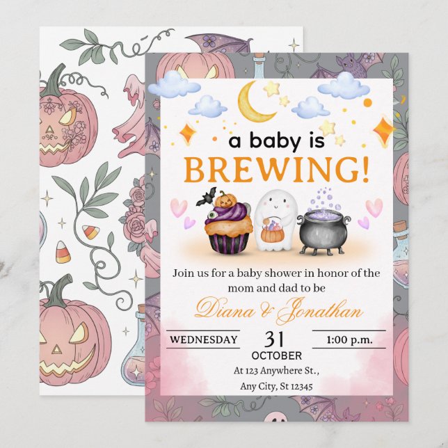 Inbjudan till Personligen Halloween Baby Shower (Fram/baksida)