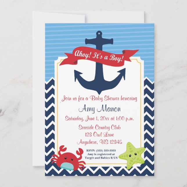 Inbjudan till Personligen Nautical Boy Baby Shower (Framsida)