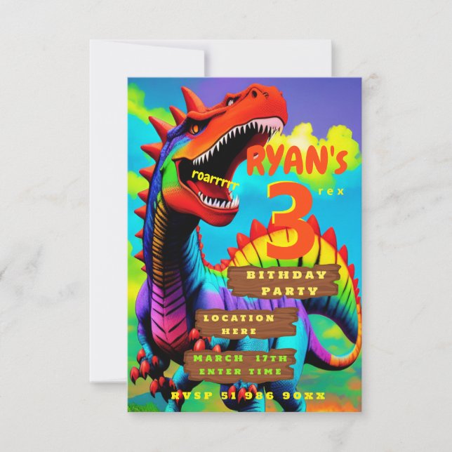 Inbjudan till personligens dino-tre-rex-födelsedag (Framsida)