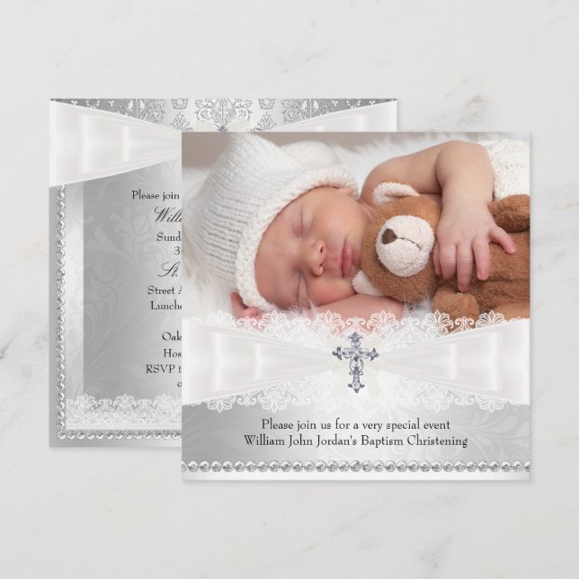 Inbjudan till Photo Baptism White & Silver Kor (Fram/baksida)
