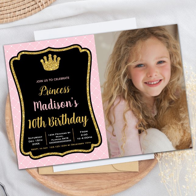 Inbjudan till Photo Black Rosa Krona Princess (Photo Black Pink Fram Crown Princess Invitations)