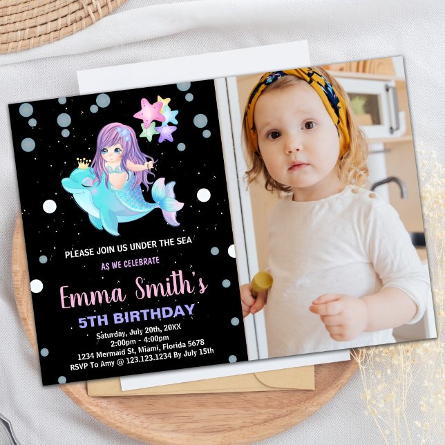 Inbjudan till Photo Black-Sjöjungfrun med delfin (Photo Black Mermaid Invitations with dolphin)
