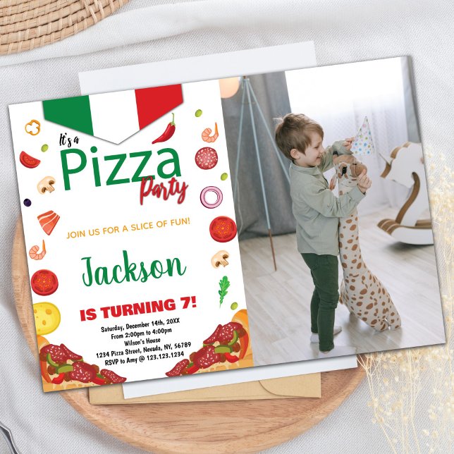 Inbjudan till Photo Grönt White Red Pizza Birthday (Photo Green White Red Pizza Birthday Invitations)