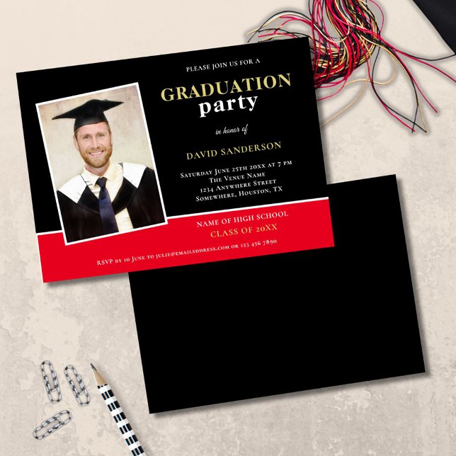 Inbjudan till Photo Namn Guld Black Red Grad Party (front and back view)