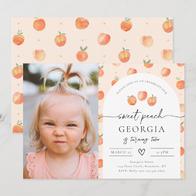 Inbjudan till Photo Peach Birthday | Sötpersika (Fram/baksida)