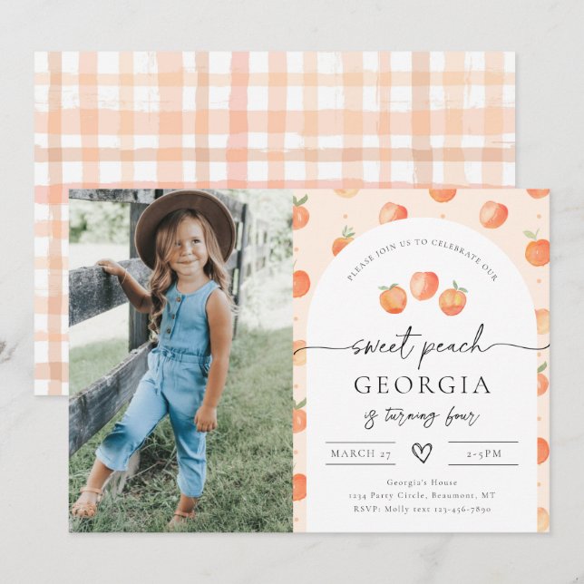 Inbjudan till Photo Peach Birthday | Sötpersika (Fram/baksida)